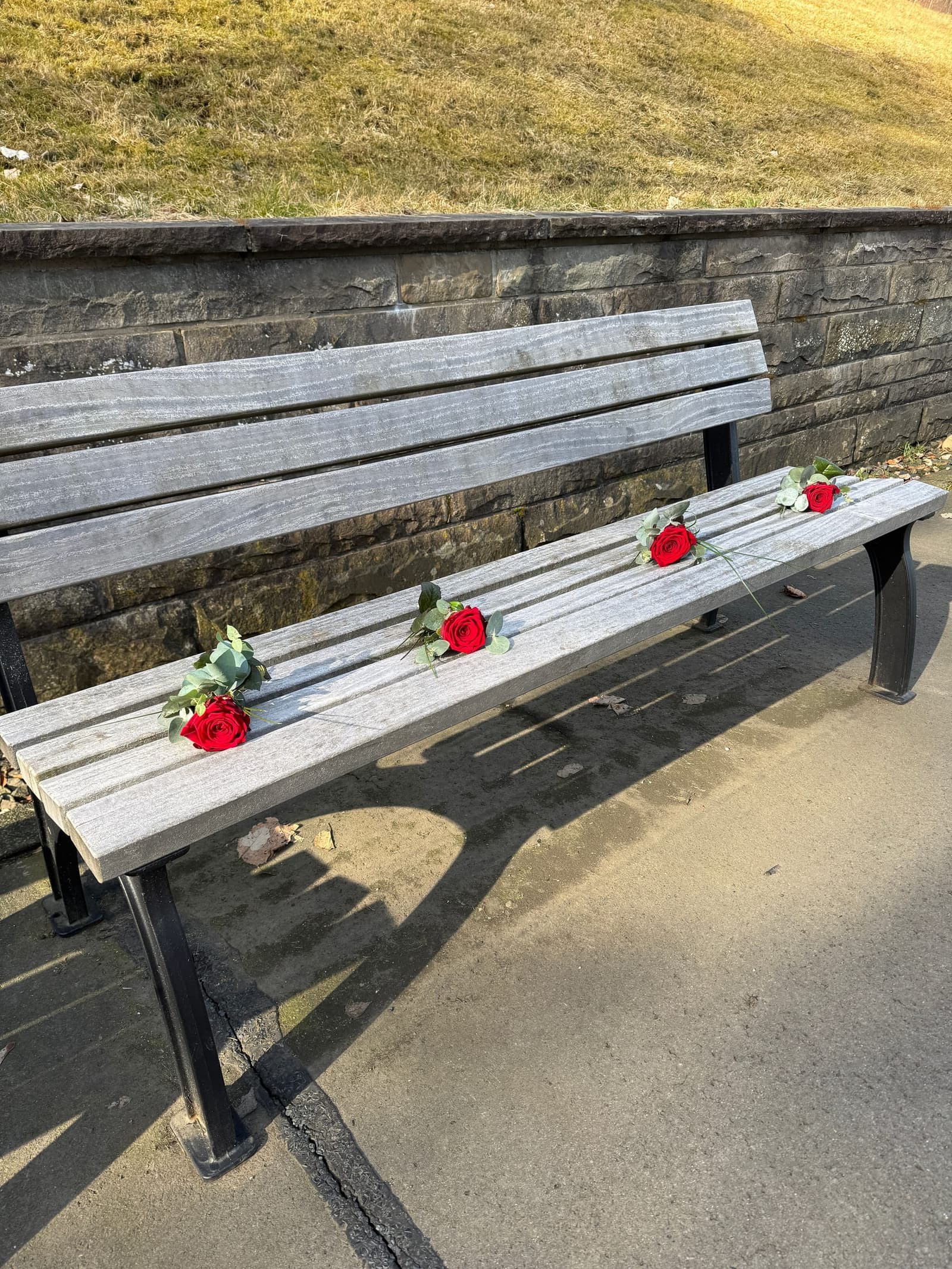 Holzbank vor einer Natursteinmauer, auf der Sitzfläche liegen einzelne rote Rosen